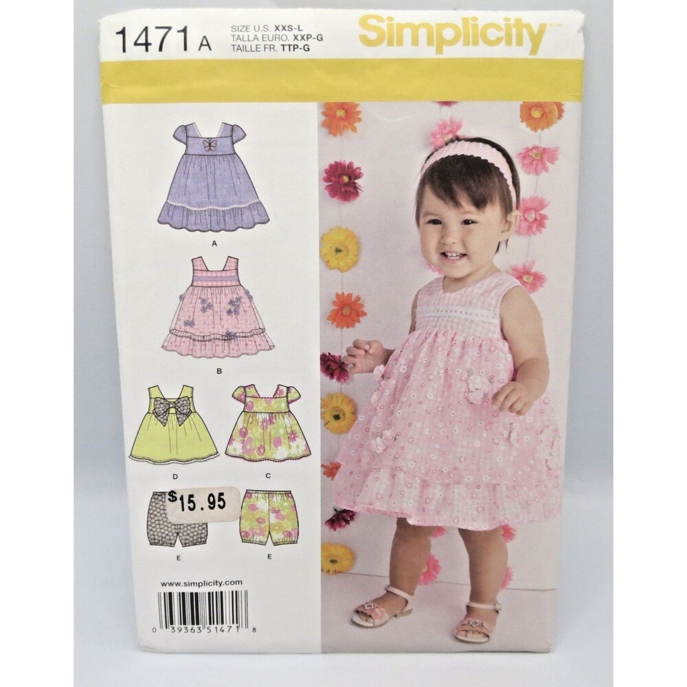 Simplicity Babies' Dress, Top and Bloomers Pattern #1471 A XXS-L Uncut